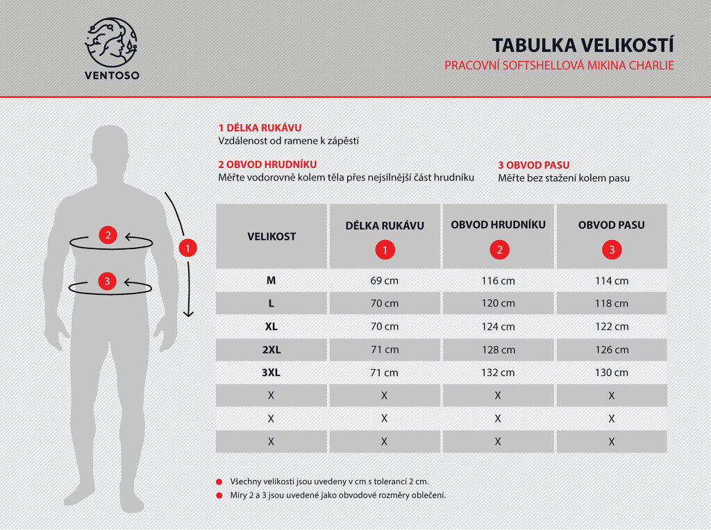 Tabulka velikostí - Pracovní Softshellová mikina Charlie